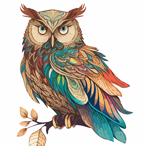 Owl, boho, Sticker, Colorful, Contour, Vector, White Background, Detailed