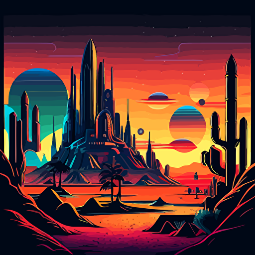 A professional high quality vector design of a Science Fiction environment in full spectrum of gradient colors, hyper detailed and black outlined