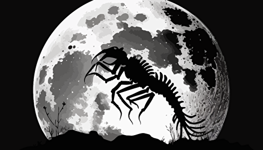 silhouette of a scorpion at the full moon, black and white, vector art