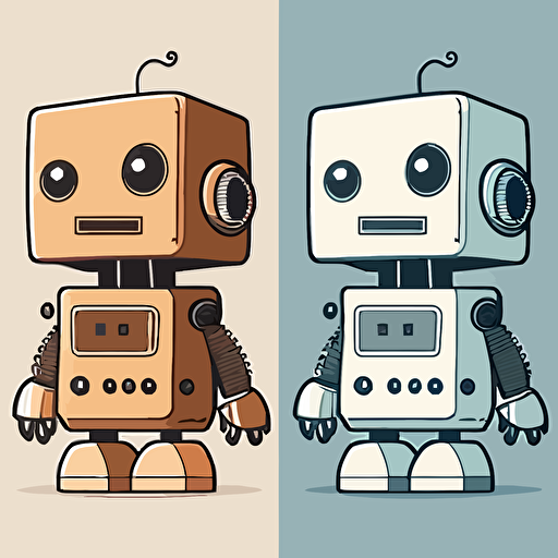 draw a 2D vector, cartoon, cute, happy robot, a simple drawing, in color but bordered with a black line, flat drawing and without details on a white background.