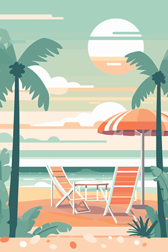 background image, summer beach, pastel colour illustration, flat vector, sunbed, palm trees, bright, bbq