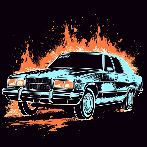 police car on fire in Mile Giants style of drawing, white on black background, no shading, 2D, vector,
