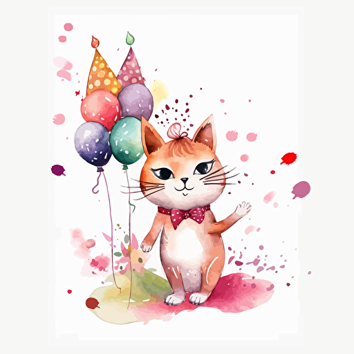 happy birthday cat, detailed, cartoon style, 2d watercolor clipart vector, creative and imaginative, floral, hd, white background