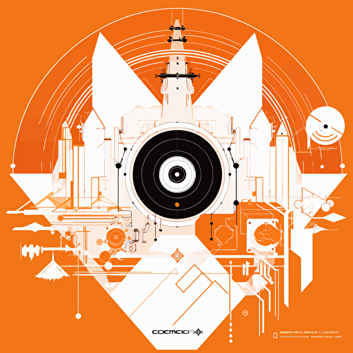 2D vector Music Vinil in minimalism geometry cyberpunk style. Colors: orange & white background