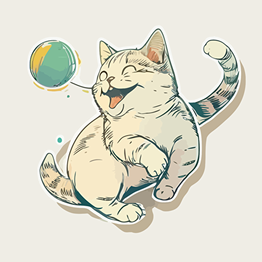 sticker, happy friendly cat playing with ball, liu yi artist style, vector, contour, white background