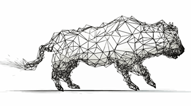 VISUAL STYLE: Line Drawing, GENRE: Company Logo, SUBJECT(S): Bison, Mesh Nodes, TIME PERIOD: Contemporary, COLOR: Black and White, ASPECT RATIO: 16:9, FORMAT: Vector Art, FRAME SIZE: 1080p, LENS SIZE: N/A, COMPOSITION: Bison in a leaping pose, with triangular mesh nodes covering its legs, centered on the frame, LIGHTING: N/A, LIGHTING TYPE: N/A, TIME OF DAY: N/A, ENVIRONMENT: N/A, LOCATION TYPE: N/A, SET: N/A, CAMERA: N/A, LENS: N/A, FILM STOCK / RESOLUTION: N/A, TAGS: Bison, Mesh Nodes, Leaping, Vector Art