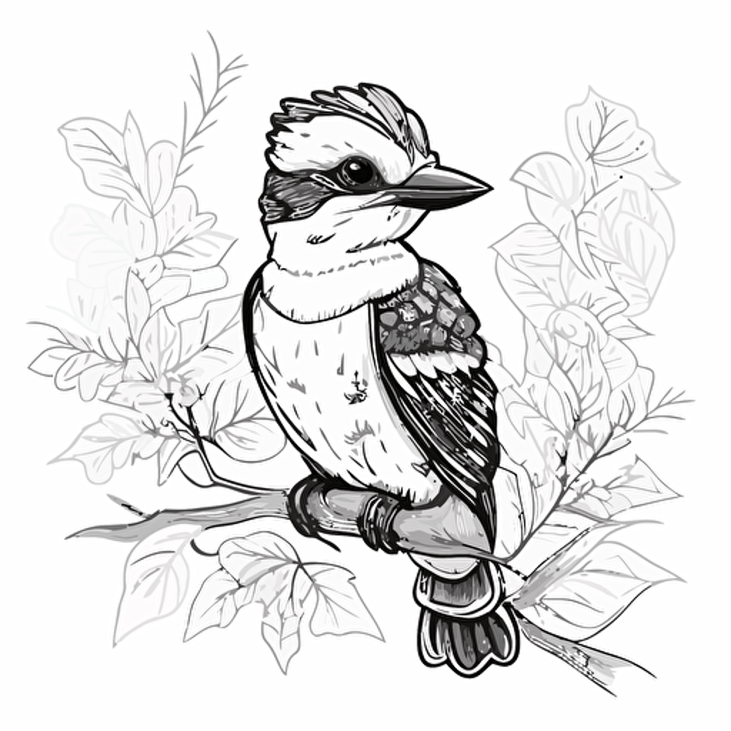 Kookaburra in cartoon style, kids coloring page, simple line work, black and white no shadow, flat simple vector illustraion, cute and happy Kookaburra with blush, smily face, on a tree