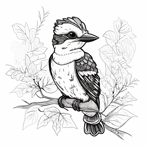 Kookaburra in cartoon style, kids coloring page, simple line work, black and white no shadow, flat simple vector illustraion, cute and happy Kookaburra with blush, smily face, on a tree