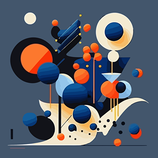 Create a vector illustration that visually portrays the transformation process from atoms to pixels as an evolutionary journey. Utilize a dark blue color palette and flat vector shapes, drawing inspiration from the iconic style of alexander calder. Experiment with different shapes and sizes to create a dynamic and engaging visual effect that captures the essence of this transformation.