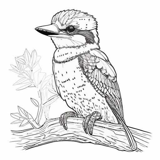 kookaburra in cartoon style, kids coloring page, simple line work, black and white no shadow, flat simple vector illustraion, smily face, on a tree
