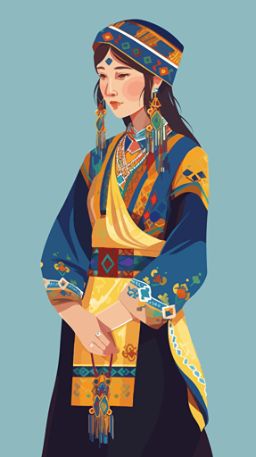 Beautiful-eyed Kazakh girl in traditional national clothing, grawing, illustration, flat vector, blue and yellow color
