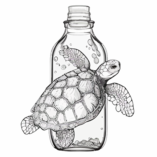 sticker, a turtle in a bottle, contour, vector, white background s 1000