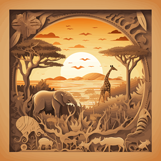 An illustration of an African landscape through a frame of African continent shape, with animals, sun, and savanah, limited color pallete, beautiful, detailed, vector, svg, shadows, highlights, inspiried by art by Andrey Prokopenko, hi res
