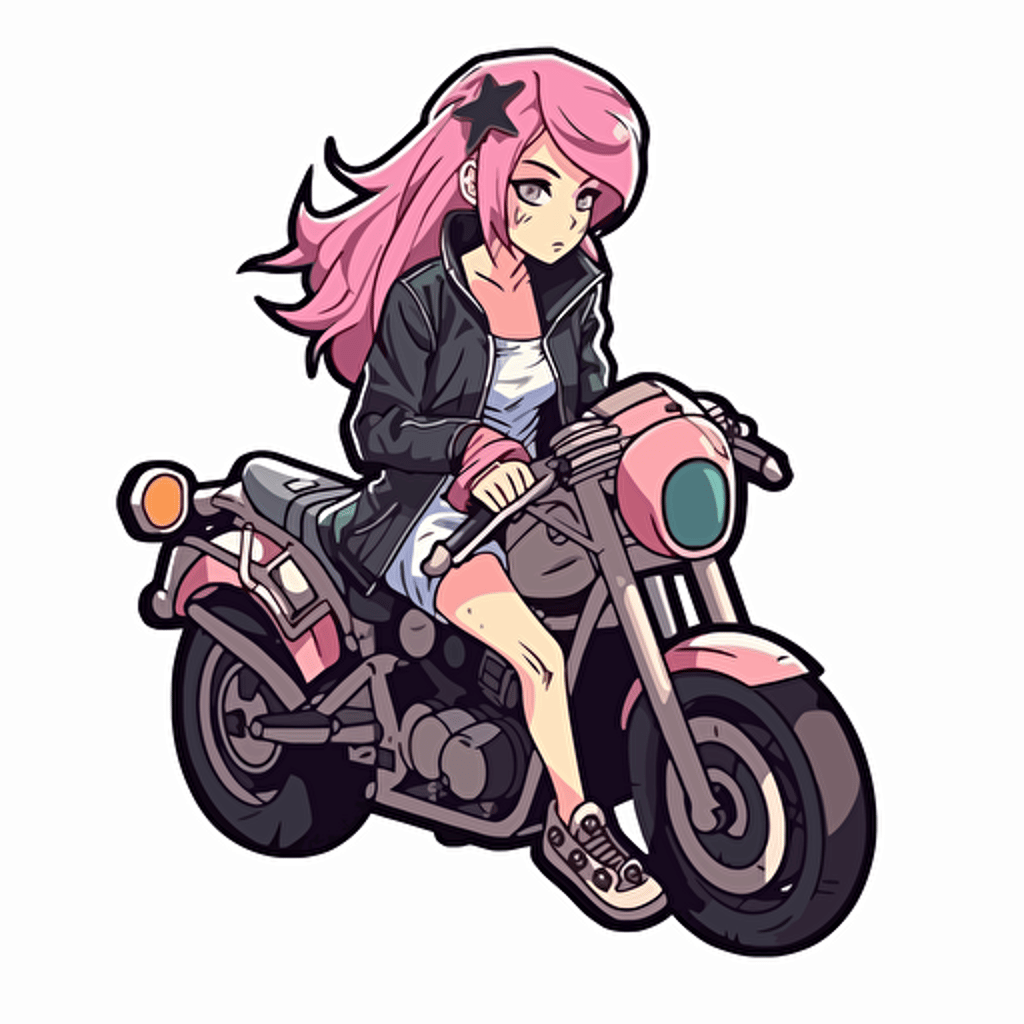 skinny pink haired manga girl riding a motorcycle, flat style, black, pink, sticker, vector style