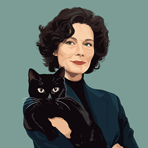 vector art style, 52 year old white female exec, short dark curly hair, holding a cat, in the style of Michael Parks