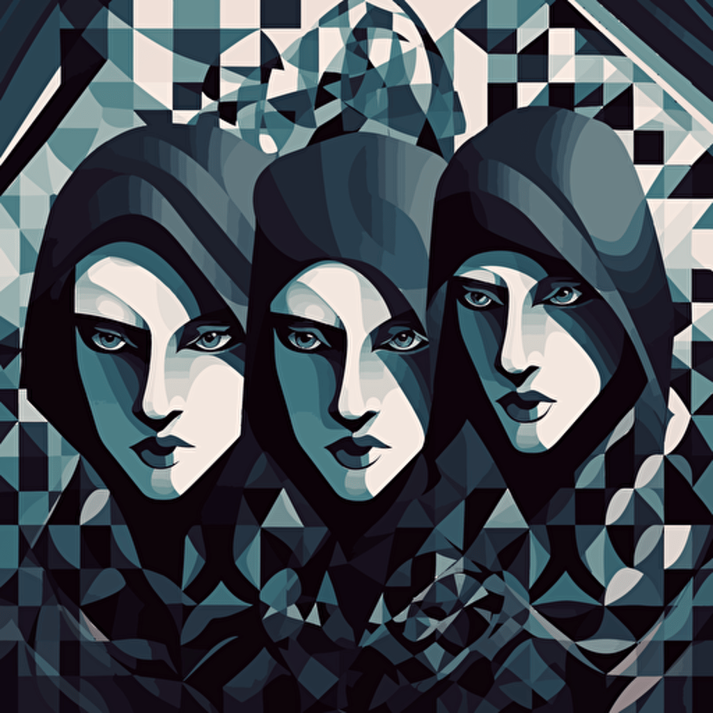 black ezquisite vector art, pop surrealism, hooded cabal of conspirators, in the style of Victor Vasarely, Olivier Coipel, Iris Compiet, highly detailed, James Gilleard, Genndy Tartakovsky, Tamara de Lempicka, insane detail