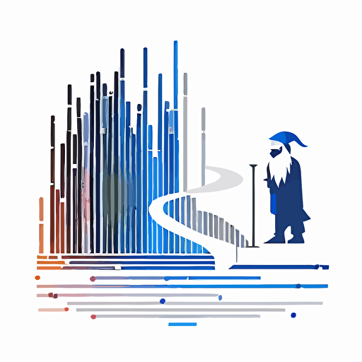 a very minimalistic vector corporate logo design of a wizard and on a horizontal gantt chart, blue, white and gray colors, white background