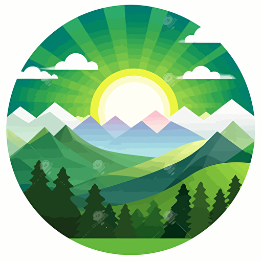 flat design, vector art, cicle logo of aerial view of landscape of green forest, very bright white clouds, bright sunrays, mountains in the background, wonderful, beautiful, inspiring by Arthur Kopcke