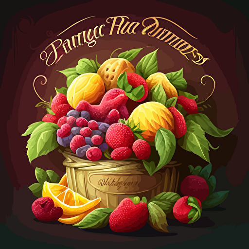 A vector logo design of a fruit basket overflowing with fresh fruit like raspberries, strawberries, and mangoes, to showcase the use of high quality ingredients.