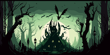 Background, environment, battleground, fantasy, green, forest, monster, large platform in center, wild environment, dark fantasy, green and black color scheme, vector, flat design