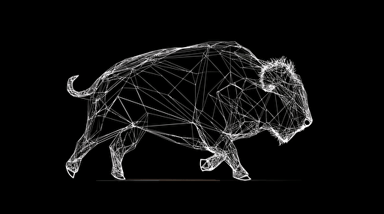 VISUAL STYLE: Line Drawing, Extremely simplistic, GENRE: Company Logo, SUBJECT(S): Bison, Mesh Nodes, TIME PERIOD: Contemporary, COLOR: Black and White, ASPECT RATIO: 16:9, FORMAT: Vector Art, FRAME SIZE: 1080p, LENS SIZE: N/A, COMPOSITION: Bison in a leaping pose, with triangular mesh nodes covering its legs, centered on the frame, LIGHTING: N/A, LIGHTING TYPE: N/A, TIME OF DAY: N/A, ENVIRONMENT: N/A, LOCATION TYPE: N/A, SET: N/A, CAMERA: N/A, LENS: N/A, FILM STOCK / RESOLUTION: N/A, TAGS: Bison, Mesh Nodes, Leaping, Vector Art