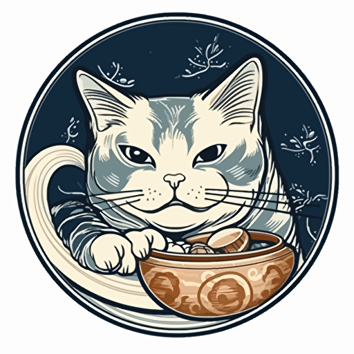 cat eating noodles logo 2d vector art ukiyo-e, white background in a circle.