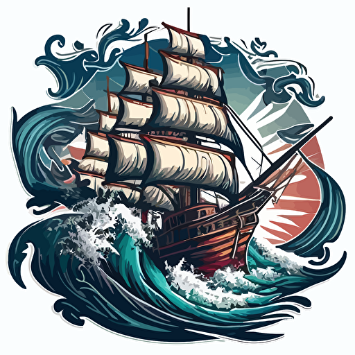 Sticker art, vector logo, a beautiful ship crossing a raging sea, vector illustration