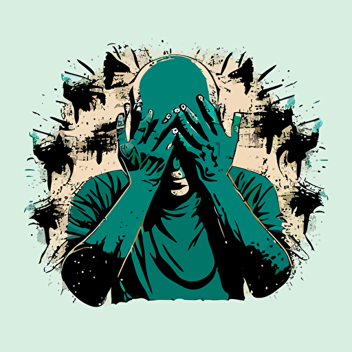 vector image, grundge, bald person with lots of hands covering his face from muliple directions