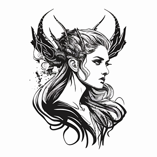 elven girl with horns doodle vector ilustration black and white