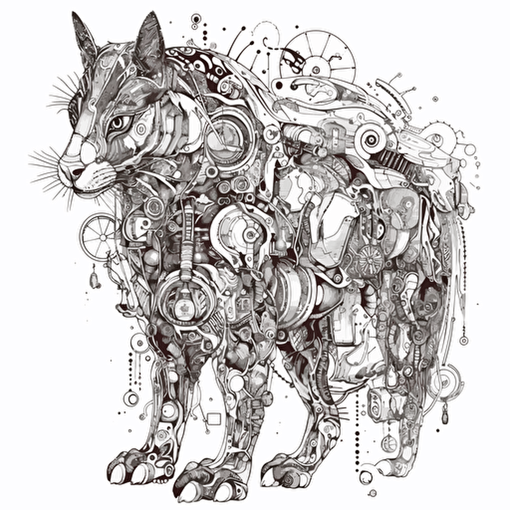 bestiary animal fusion machine, fine ink drawing vector white background, details and particulars,