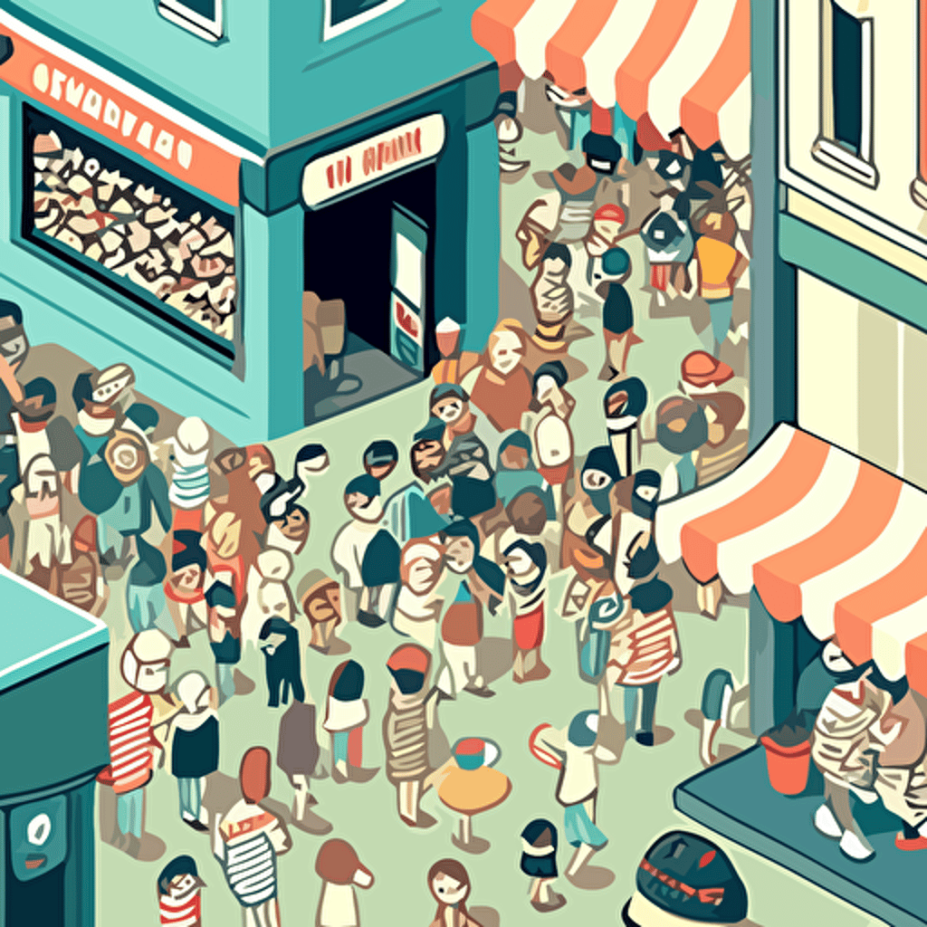 Inspired by "Where's Waldo?" create a vector illustration of a bustling city square filled with people, with Satoshi Nakamoto cleverly hidden among the crowd. Set the scene on a busy day with lively street performers and market stalls.