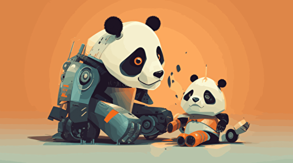 a robot panda playing with a real panda. vector style, high resolution