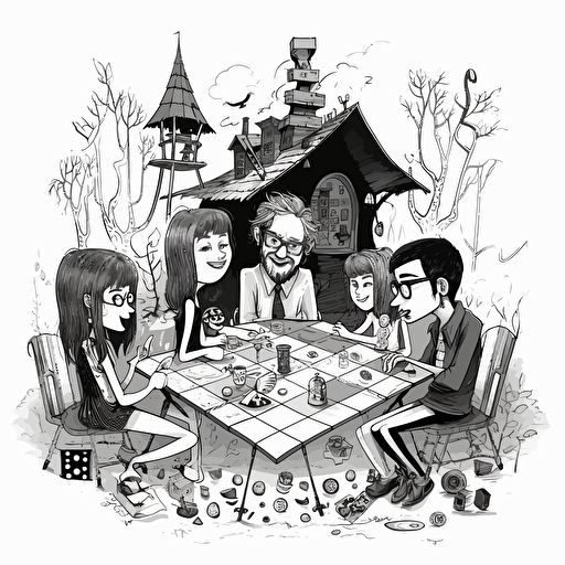Cabin, "people playing board games": 2, logo: 3, black white drawing, vector, in style of tim burton