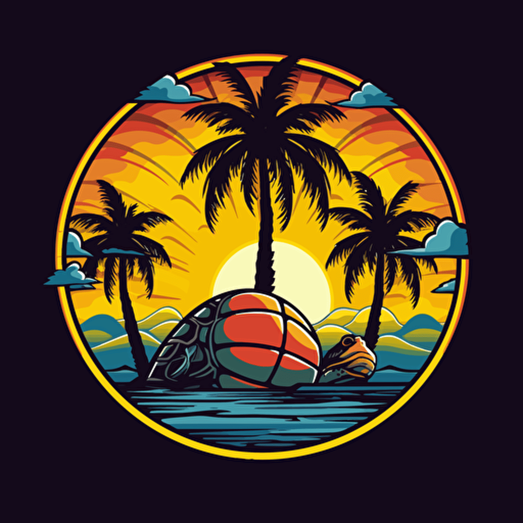 vector, nba logo with palm trees and an ocean background with a sun and a turtle with a basketball, brazilian, tropical theme, with no text, green, blue, yellow, closed shape