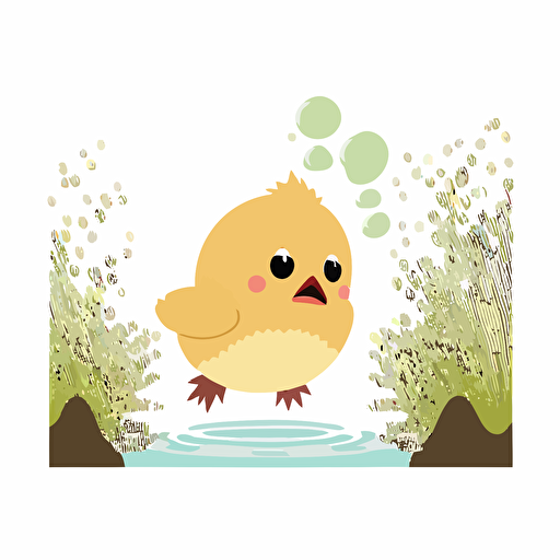 scared baby yellow chick being blown in the sky above a river, white background, flat color vector art