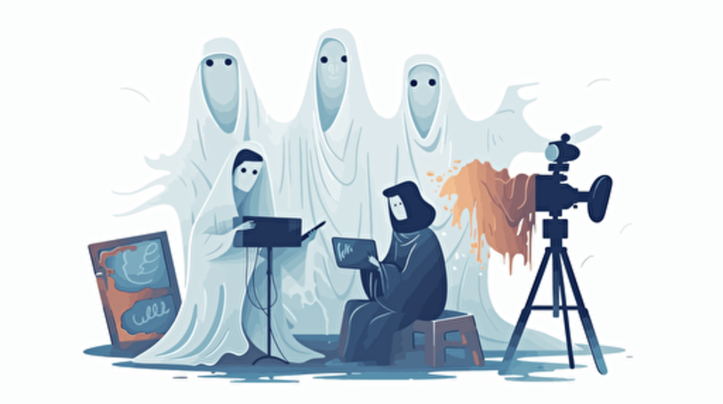 three guys making a movie. ghost in the sell style. vector style over white.