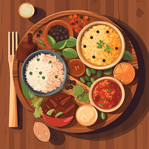 minimalist vector illustration of indian food plate . Top perspectivr closeup on a wooden table. Strong light and shadow. Style of Malika Favre and Owen Davey