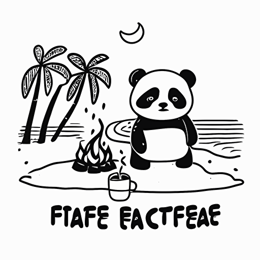 beach with panda, fire, coffee shop cute starbucks logo cartoon, minimal, line, NO COLOR, one line, black ink, vector, white background