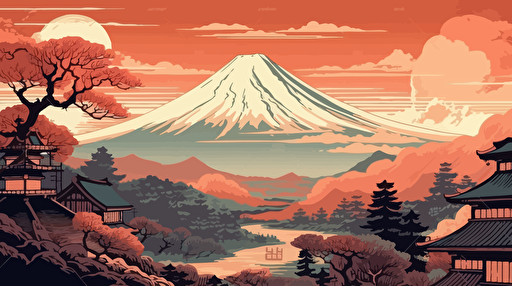 tokyo city scape with mount fuji in the background, 2d vector art ukiyo-e,