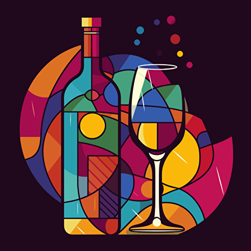 vector logo, multicolored wine bottle and glass, whimsical illustration, primary colors