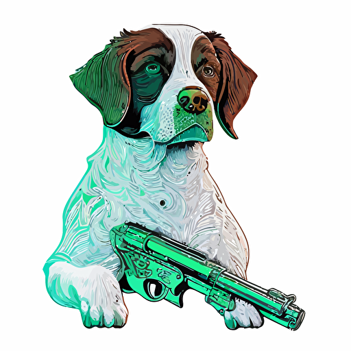 dog with pistols, Sticker, Hopeful, Tertiary Color, mural art style, Contour, Vector, White Background, Detailed, cut out