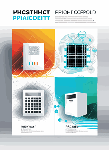 tech product flyer cover page, four different products in grid, flat vector design, white background, large heading at top, modern, minimalist, corporate
