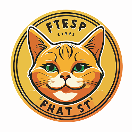 cat pet shop logo, brishtish short hair golden cat, round face, smiling, big round eyes, has a name tag, lovely cute cat, cirble background, vector art style