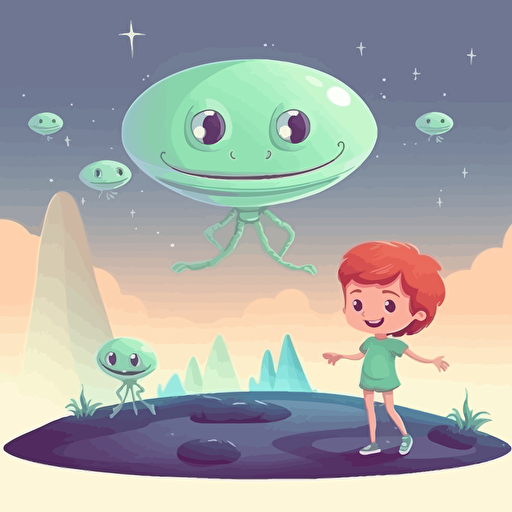 a young girl meeting friendly aliens on another planet. Vector illustration.
