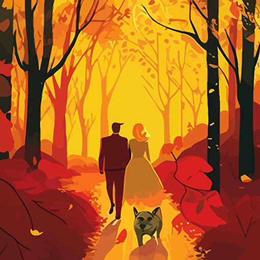 vector art, just married couple walking in the woods with their french bull dog, they are far off in the distance, beautiful landscape, fall, sunny, red, yellow, green, happy mood,