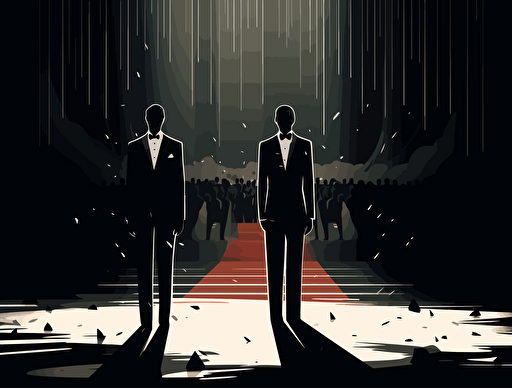 vector illustration of two men standing on stage in tuxedos, in the style of aestheticized violence, captured essence of the moment