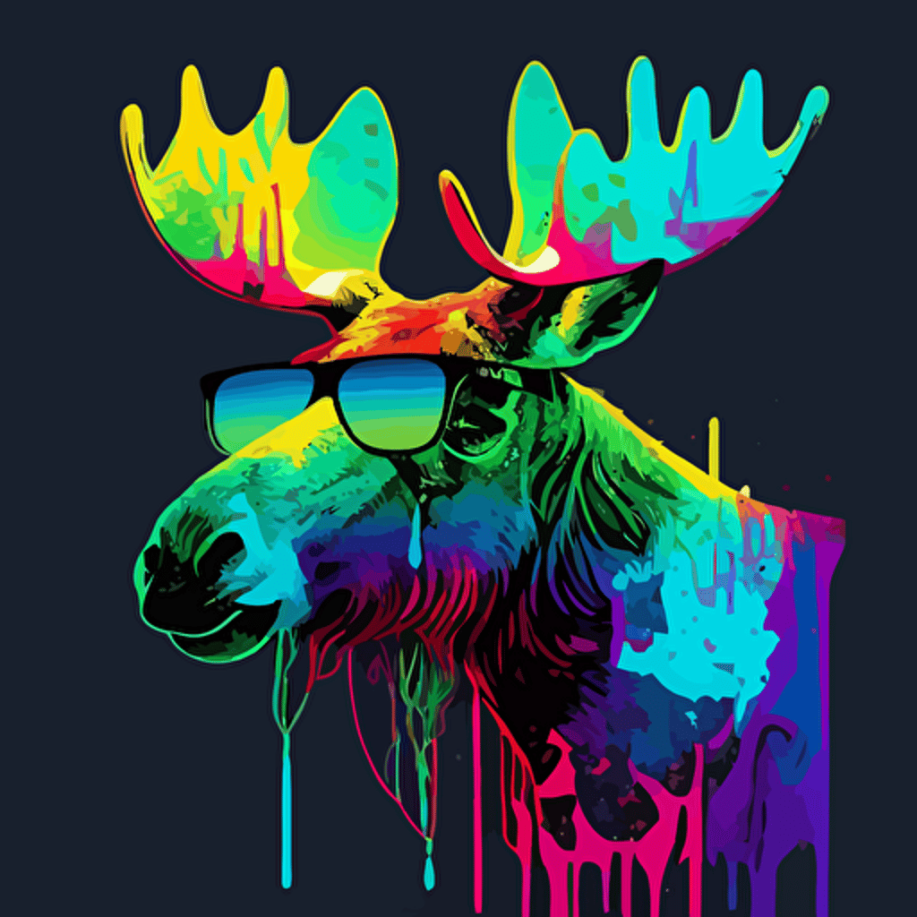 moose with sunglasses on dreaming about funk music, vector art, lsd, colorful