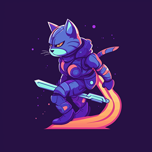 logo design, flat 2d vector logo of a futuristic anthromoporphic space traveling battle warrior cat wearing sci-fi suit with weapon, minimalist, purple and blue colors