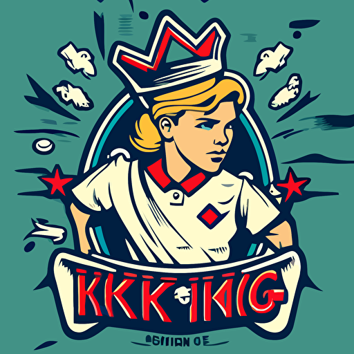 Retro Logo and brand for the "Kings Kitchen" featuring a royal king dressed up as a chef, young enthusiastic , blonde skin, wearing a crown like chef hat, with the kitchen in the background, flat, vector, 2D, comic book hero style