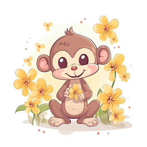 cute monkey with flowers, cartoon style, 2d clipart vector, creative and imaginative, hd, white background
